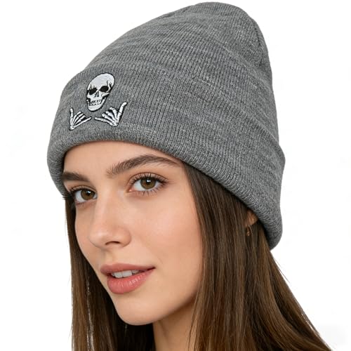 Image of Embroidered Skeleton Beanie Hat Winter Stretch Knit Skull Cap for Men Women