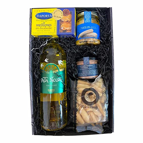 Cesta regalo gourmet con vino blanco Rueda, conservas de pescados, picos y paté. Estuche original para regalar en cumpleaños, Navidad, dia de la madre o del padre. Delicatessen