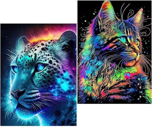 Amyaker ダイヤモンドアート キット 丸いビーズ 全面 2個セット ダイアモンドビーズ絵画キット DIY 手作り絵画 モザイクアート 5D モザイクアート ダイヤモンド塗装 全面貼り付けタイプ 30x40cm ネコ チーター