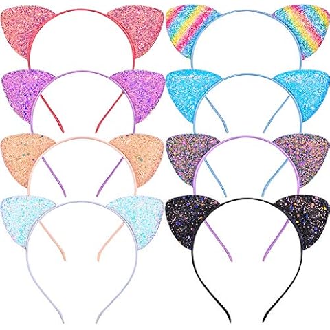 Beinou Glitter Cat Ears Headband 8 Pcs Kitty Headband for Girls and Women Sparkly Glitter Hair Metal Hoop Shiny Hairbands Hair Accessories for Daily Wearing and Party Decoration Cover