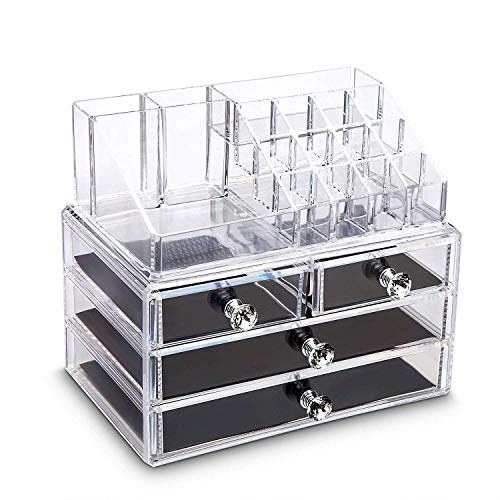 iPEGTOP Acrylic Clear Make Up Organiser, Cosmetic Skincare Lipstick Display Holder Stand Makeup Storage Drawers Jewelry Case Box, 20 Sections with 4 Drawers, Diamond Drawer Handle