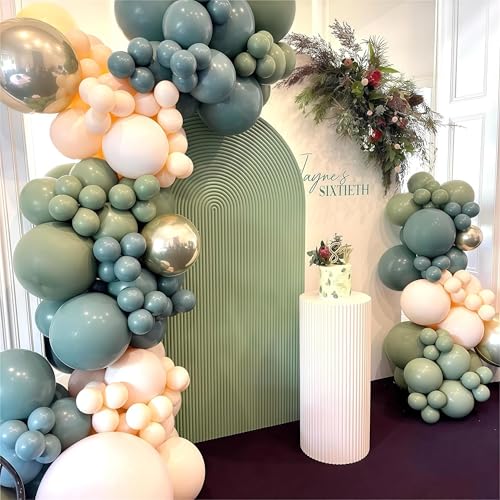 Image of Dusty Sage Green Blue Gold Balloon Garland Kit, 107 PCS Pastel Olive Green Slate Blue Beige Metallic Gold Balloon Arch Kit for Women Men Boho Birthday Wedding Baby Bridal Shower Party Decorations