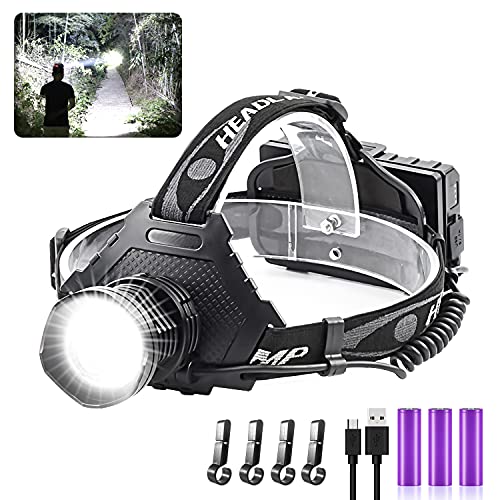 Heavy Duty Rechargeable Headlamp, Super Bright LED HeadLamp with High Lumens Xhp 70.2 LED chip, Zoomable and Waterproof LED Hardhat Headlamp with 3 Rechargeable Batteries