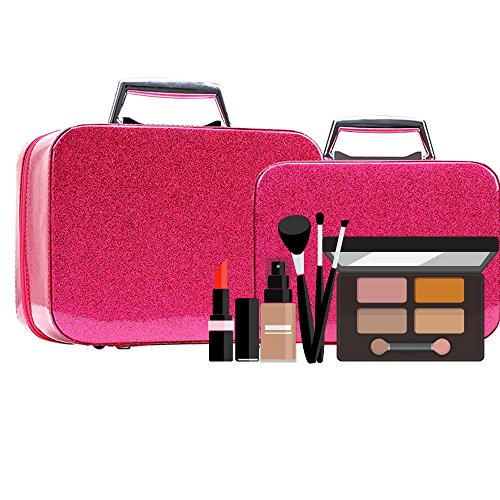 Glitter Makeup Organizer for Women/ Girls, Cute Bling Lighted Korean Pink Makeup Brush Bag with Mirror, Portable luxury Vanity Travel Train Cosmetic Storage Bag / Case/ Box - Rose Gold (2 pcs/ pack)