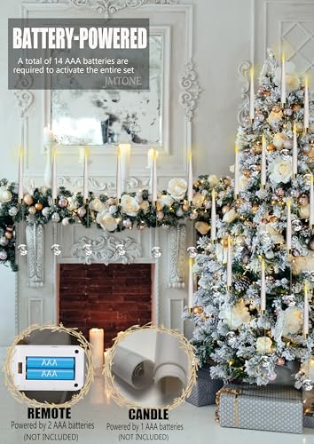 Image of Christmas Tree Candles, 12 Pack Flameless Taper Candles for Christmas Tree Decor, Battery Operated with Remote Flickering LED Candles with Clear Crystal Ball Gold Hook for Xmas Gift Wedding Home Decor