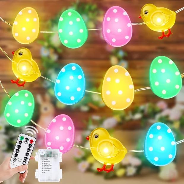 Easter Fairy Lights Battery Operated with Remote, 10FT 30 LED Chicken Egg String Lights with 8 Modes & Timer, Twinkle Lights for Outdoor Indoor Party Spring Bedroom Decor, Pastel