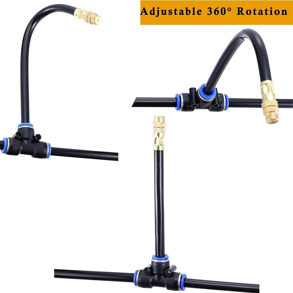 Brass Mist Nozzle Tee with Built-in Hose, 360 Degree Rotation Adjustable, Garden Watering System Mist Parts and Accessories Atomizing nozzle + 8mm tee belt 30pc