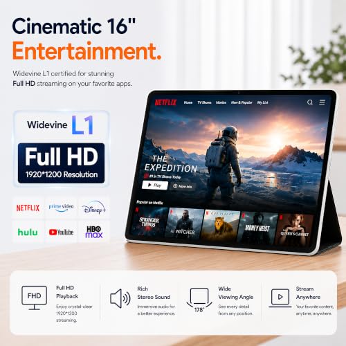 Image of 16 Inch Android 16 Tablet, Widevine L1, 1920x1200 IPS Display, Sheet Music | 12GB Memory 128GB Storage, Helio G99 Octa-Core, 30W Fast Charging, 12000mAh Battery, 32MP Rear Camera, Quad Speakers, FHD IPS