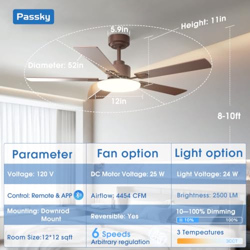 Image of Passky 52 Inch Brown Sleek Ceiling Fans with Lights, Remote Control | 3-color dimmable light, quiet reversible DC motor, easy install, memory, Timer, APP, bedroom, covered outdoor areas