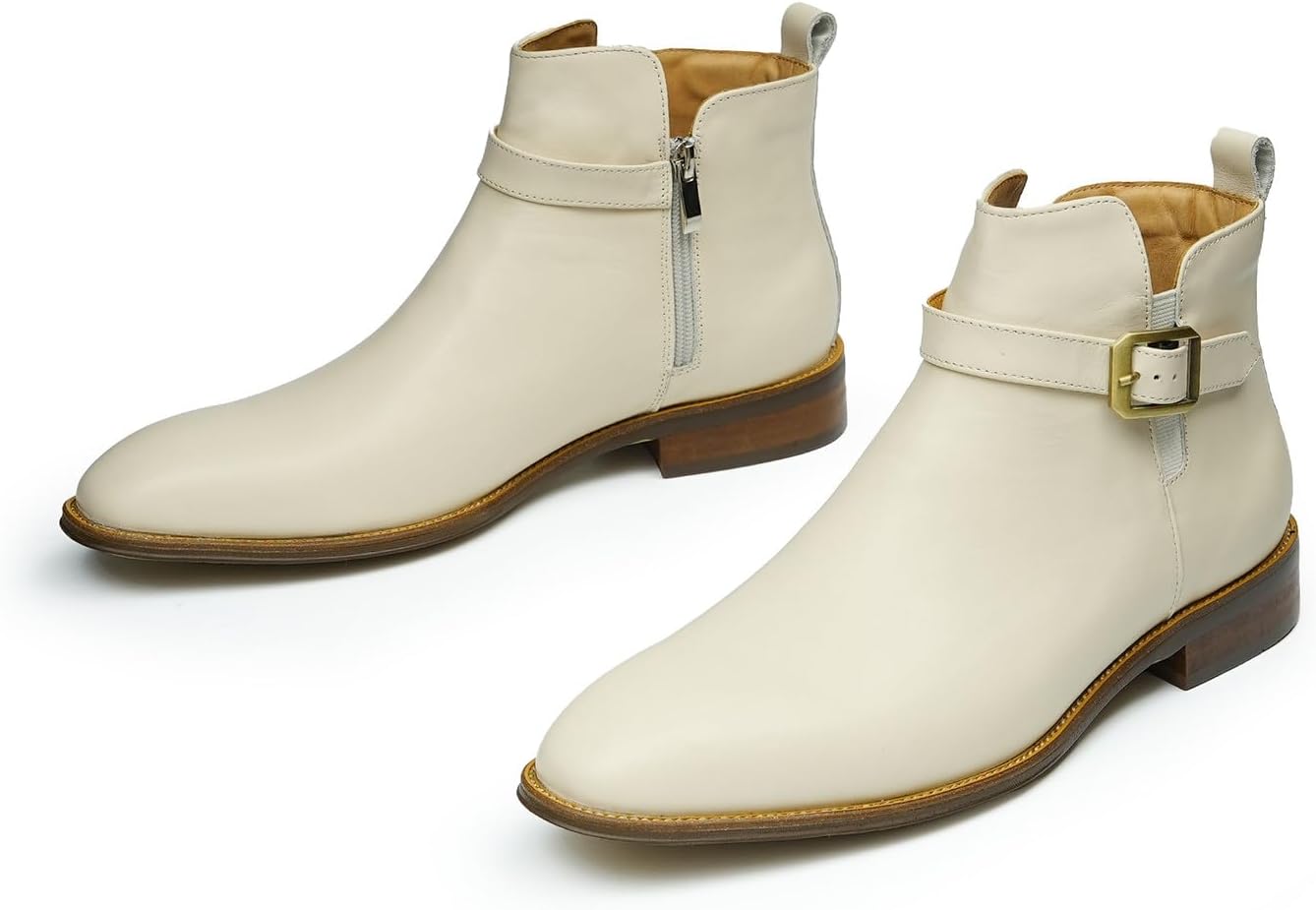 Santimon Men's Genuine Leather Dress Casual Chelsea Boots- Fashion Ankle Boots with Buckle Strap & Side Zipper,Stacked Heel, Business Casual,Prom Wedding & Formal Footwear