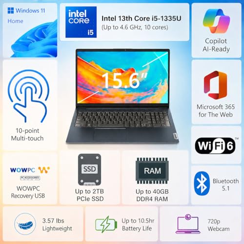 Image of Lenovo Business Laptop, 15.6 inch FHD Touchscreen Display, Intel 13th 10-Core i5 CPU(Up to 4.6 GHz), 16GB RAM, 512GB SSD, Copilot AI, Wi-Fi 6, Windows 11 w /Microsoft 365 for The Web, WOWPC USB