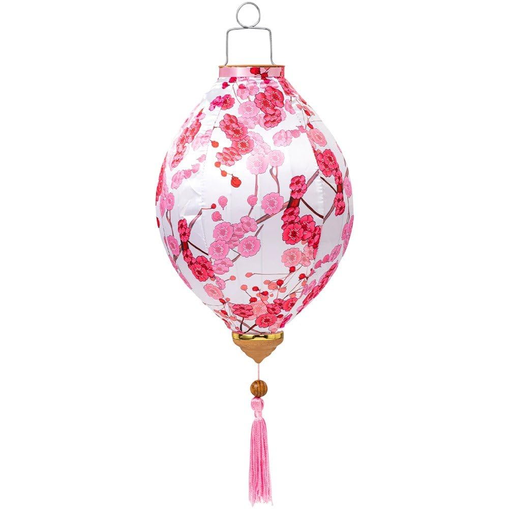 Fituenly Chinese Silk Lantern Traditional Oriental, Waterproof Oval Hanging Lantern with Tassel, Retro Japan Vietnam Floral Style for New Year Wedding