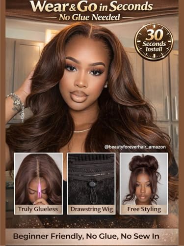 Image of Beauty Forever Pre Everything Medium Chocolate Brown Loose Wave 13x4 Lace Front Human Hair Wig Pre Plucked Pre Cut Face Framing Layers Glueless Drawstring Wear and Go Wigs 150% Density 22inch