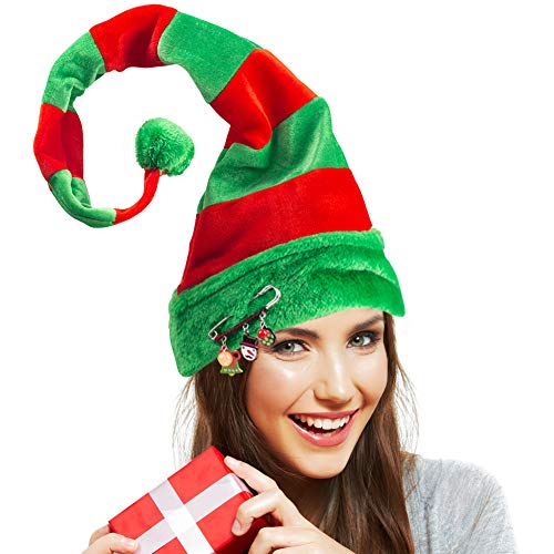 Christmas Elf Hat, Long Striped Felt Hat with Cute Brooch Pin for Kids Adults