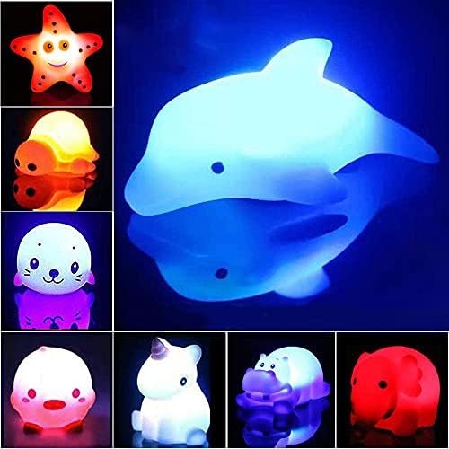 Geolinca Bath Toys, 8 Packs Light-Up Floating Pool Fun Unicorn Dolphin Toys, 7 Color Flashing Bathtub Water Toys for Baby Toddlers Kids Infants Boys Girls Animal Toy Set Colorful