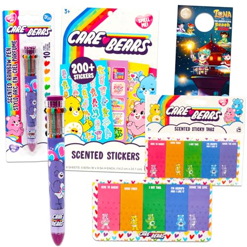 Care Bears Sticky Note Set - Stationery Bundle with Character Icon Sticky Notes and 10 in 1 Pen for School, Office, Desk, Annotating, and More Plus Stickers | Care Bears Desk Accessories for Office