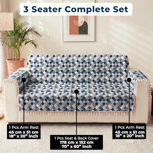 Image of Story@Home Quilted Printed Velvet Sofa Cover with Tassels for 3 Seater |Full Protection for Sofa Seat, Back & Arms | Anti Slip 3 Seater Sofa Mat with 2 Armrest Cover - Grey & Cyan