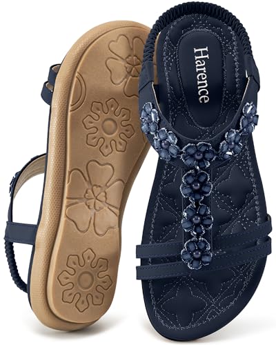Image of HARENCE Summer Flat Sandals for Women: Comfortable Bohemian Beaded Flats Shoes Elastic Ankle Strap Casual Walking Slip On Dress Sandal