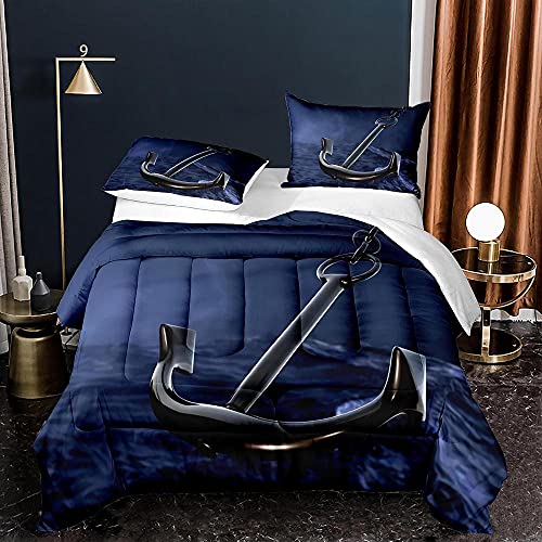 ZLJAW Housse de Couette 220x240 cm Ancre de Bateau imprimée en 3D, Bleu foncé Désign 2 Personnes, Parure de Lit pour Adulte, en Microfibre 110gsm avec Fermeture éclair - 2 Taies d'oreiller Cover
