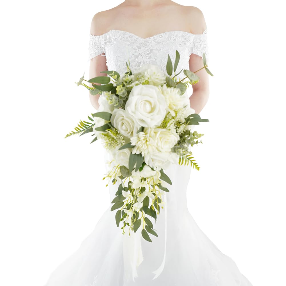 Floinla White & Green Cascading Bouquet