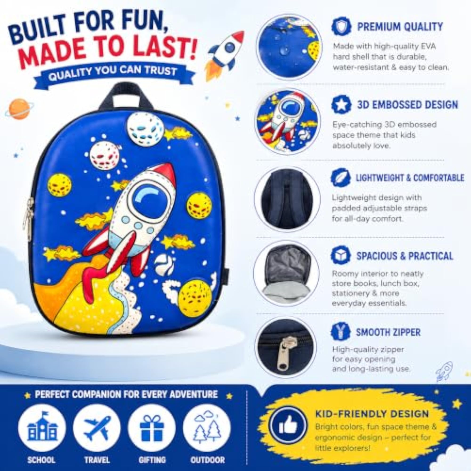 3D EVA Kids Backpack for Boys & Girls, Space Rocket Design