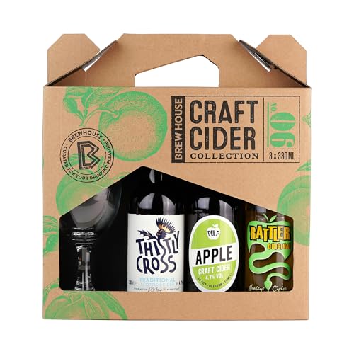 Brewhouse Craft Cider Selection complete with Chalice Glass and 3x330ml Bottles. Premium British Cider Gift Set includes Rattler Thistly Cross and Pulp Cider. Perfect for Birthdays and Christmas