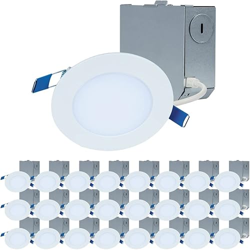 HALO Luz LED empotrada para techo y disco de ducha de 4 pulgadas, luz descendente ultra delgada sin lata, 3000 K, color blanco (paquete de 24)