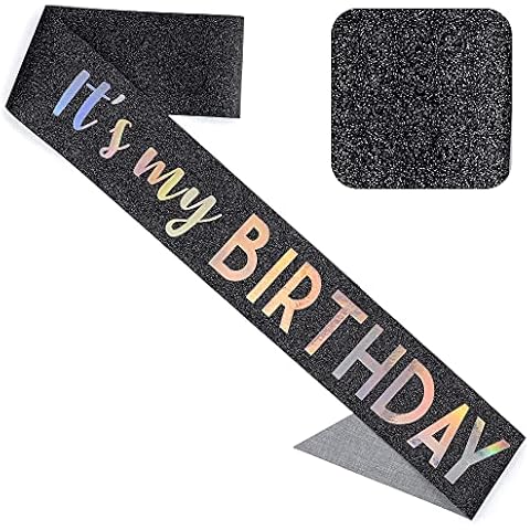 CORRURE 'It's My Birthday' Sash Glitter with Multicolor Foil - Black Glitter Happy Birthday Sash for Women - Party Favors Supplies and Decorations for Sweet 16, 18th 21st 30th 40th or Any Bday Party Cover
