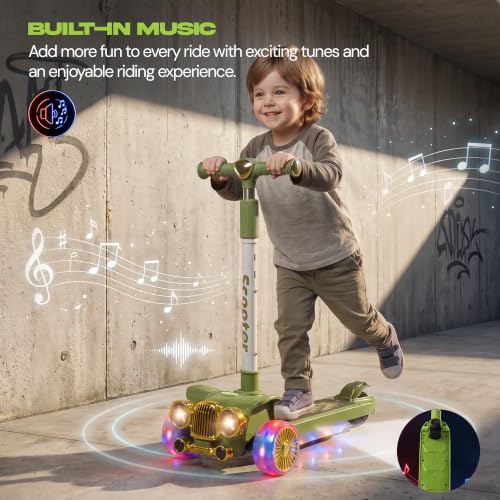 Image of Baybee Twirlo Baby Kick Scooters for Kids with 3 Height Adjustment | Foldable Skating Scooter with Foot Brake | Kids Scooter with RGB Lights & Music | Runner Scooters for Kid 2-10 Years (Green)
