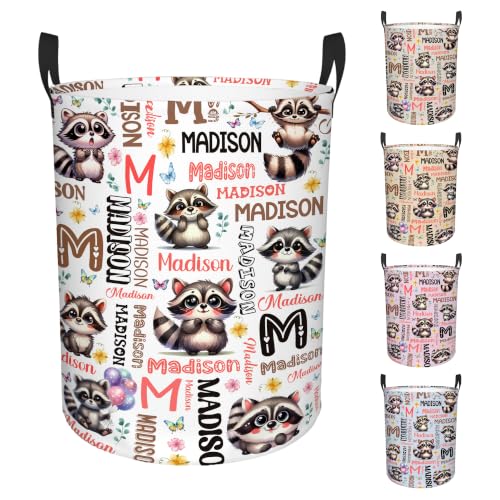 Image of Custom Raccoon Laundry Hamper, Personalized Laundry Basket with Name, Customized Dirty Clothes Basket for Clothes Toy Bathroom Bedroom Storage,S-16.5 inchX 13.8 inch