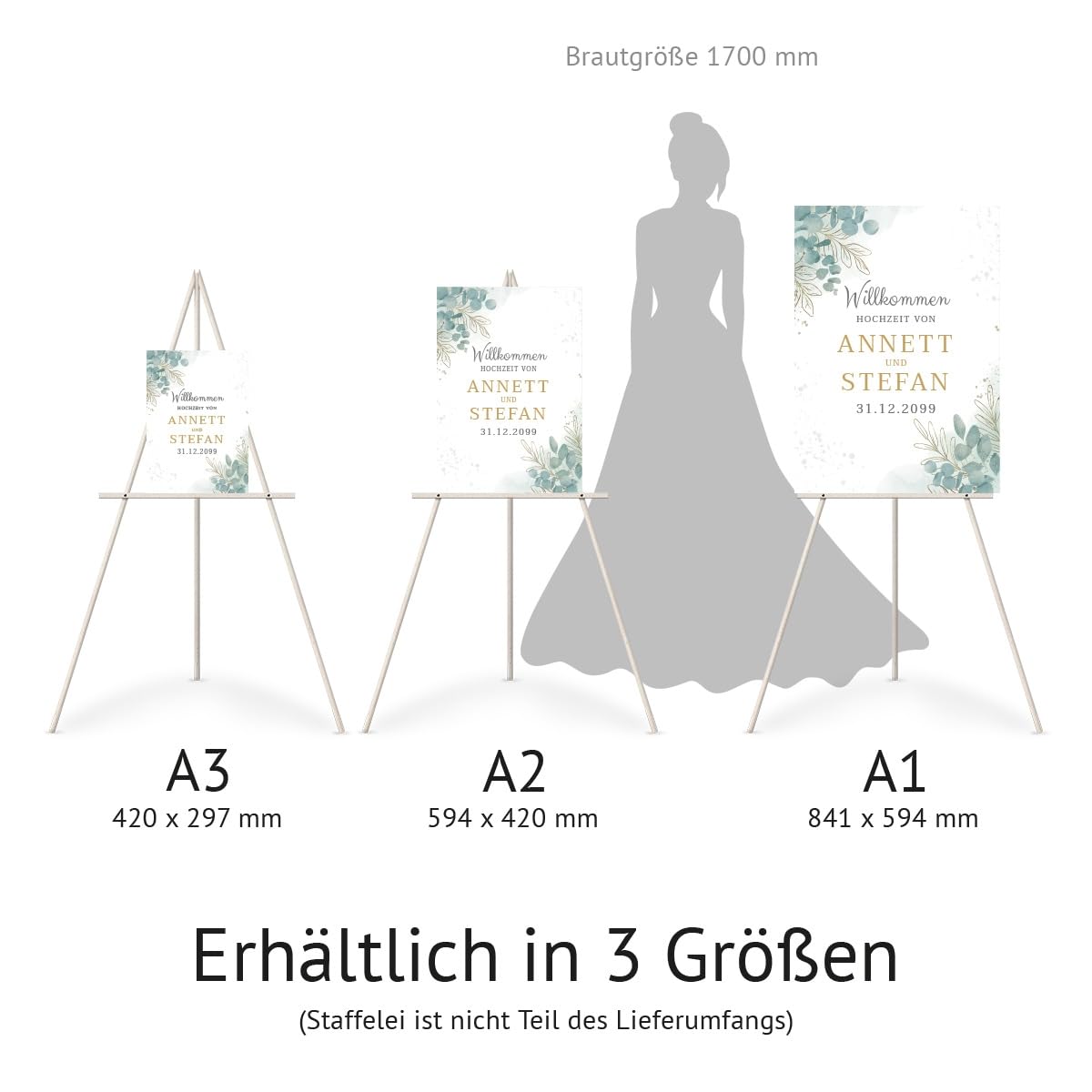 Personalisiertes Willkommensschild zur Hochzeit, Größe wählbar: DIN A3, A2 oder A1 - Eukalyptus Design - mit intensivem UV-Druck mit Ihren Namen, Datum und Text, 3mm Dick