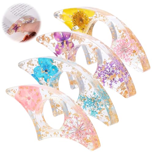 Jeffdad Book Page Holder, 4 PCS Dried Flower Resin Transparent Bookmark Handmade Dried Flower Book Opener Holder Thumb