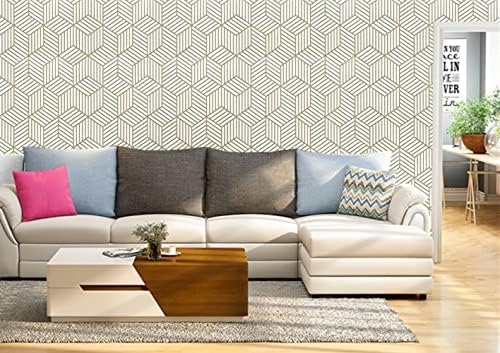 Self Adhesive Wallpaper Gold and Beige Contact Paper Geometry Champagne Stripped Hexagon Sticky Back Plastic Paper 45X300cm Peel and Stick Wallpaper Removable Vinyl Film Roll Home Use Store Decoration