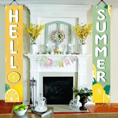 Image of BlissYard 2pcs Hello Summer Door Banner Lemon Porch Banner Sign Sweet Summer Sunshine Front Door Hanging Decor Banners for Seasonal Home Hawaii Tropical Party Outdoor Decorations