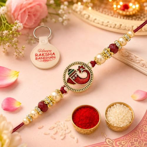 Image of Riddhika Ventures Religious Gold Plated Meenakari Sacred Ganesha Rakhi with Roli Chawal and One Happy Raksha Bandhan Keychain