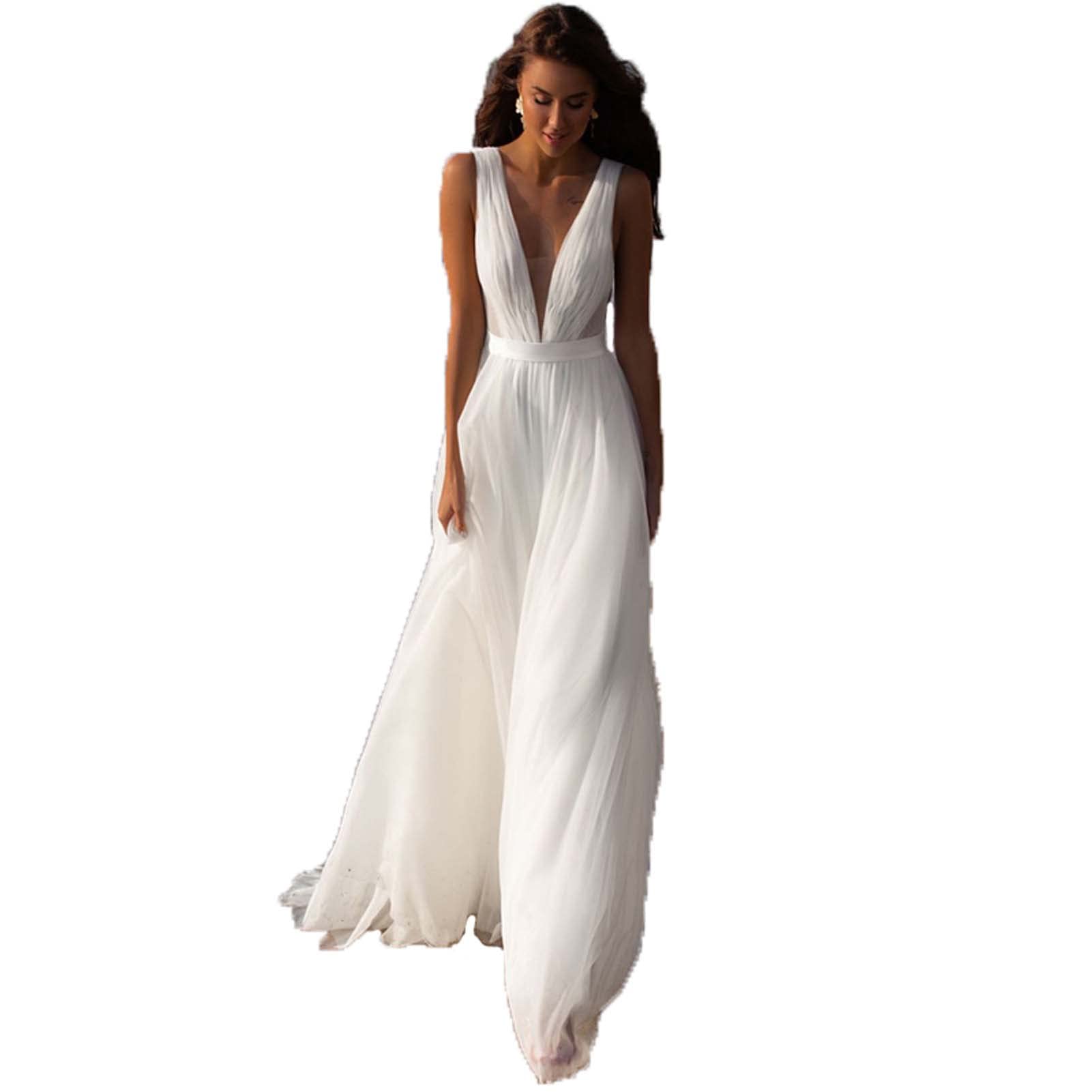 Vestido de Novia de Playa de Bodas, Sirena sin Mangas, Vestido de Doble Cuello en V