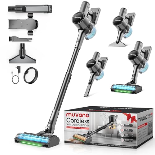 Muvano Aspiradora sin Cable Potente Succión de 45 kPa 500W Hasta 60 Minutos de Autonomía Resistente a Enredos Aspiradora Escoba Recargable con Soporte de pared para Pelo de Mascotas y Suelos de Madera