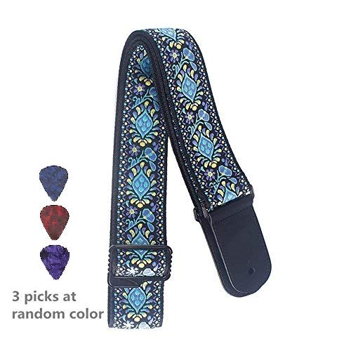 Imelod - Correa para guitarra estilo vintage con extremos de cuero y 3 púas de guitarra, longitud ajustable
