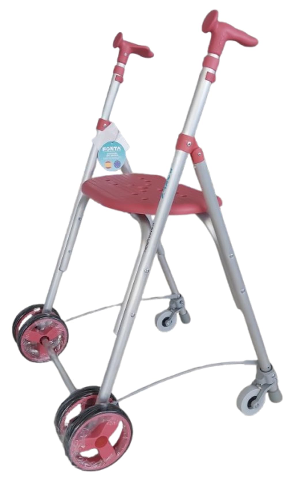 Andador para adultos plegable con asiento y ruedas por presión, caminador para ancianos, regulable en altura, color rosa