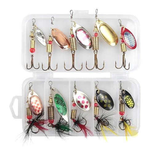 Pizsieat 10 Pezzi Kit Esche da Pesca Cucchiaini da Pesca Esche Artificiali Spinning Trota Cucchiaini Pesca Spinning Paillettes con gancio e Scatola per Persico Luccio Trota Pesci Bass Vari