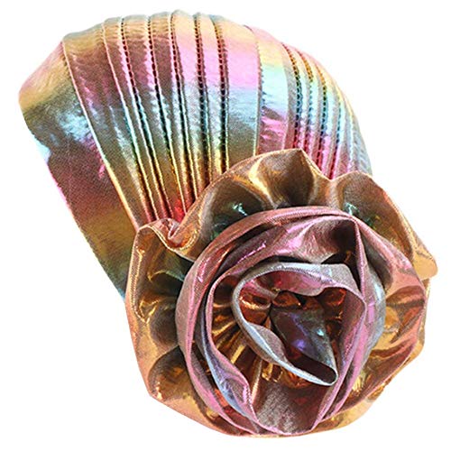 CCCHO Glitter Laser Flower Turban Colourful Beanie Cap Stretchy Hair Wrap for Women (L Gold)