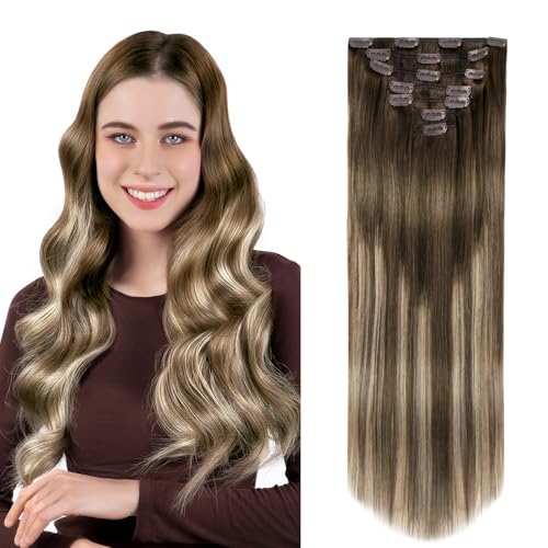Extensions à clip de luxe 100% cheveux humains marron méché blond 40 cm de longueur