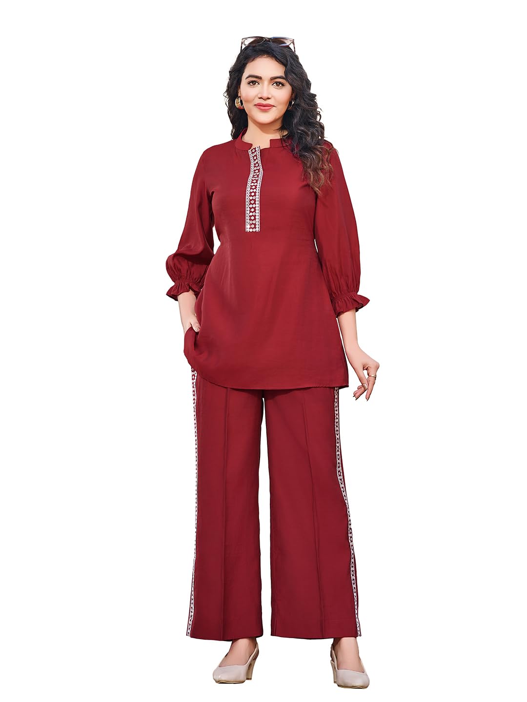 vibe vision 2-Piece Women's Co-ords Set - Silk Blend Polo Collar 3/4 Sleeve Regular Fit Casual Shirt & Trousers Self Design Design-picture-46