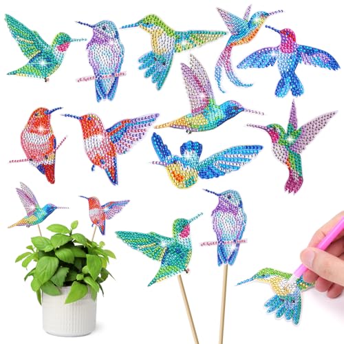 AUAUY 10 Stück Diamond Painting Kolibri Sets, Gartenstecker Diamond Painting Kinder Erwachsene Gartendekoration für Draußen und Drinnen Balkon Deko, Basteln für Kinder Diamont Painting Geschenk