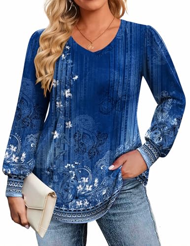 Image of IN'VOLAND Womens Plus Size Shirts V Neck Puff Long Sleeve Tops | Loose Fit, Dressy Casual Blouse, Pleated, Fall Outfits, Business Work TShirts, Basic Tees