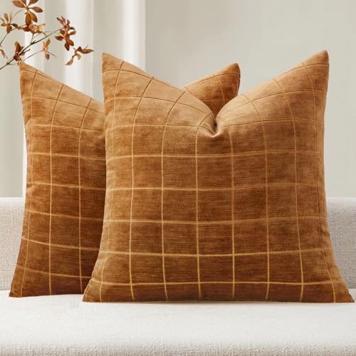 Image of MIULEE Bronze Plaid Decorative Fall Throw Pillow Covers 18x18 Set of 2 | Vintage Check Chenille Couch Pillows Boho Farmhouse Cushion Covers Modern Fall Home Decor for Sofa Bed Living Room