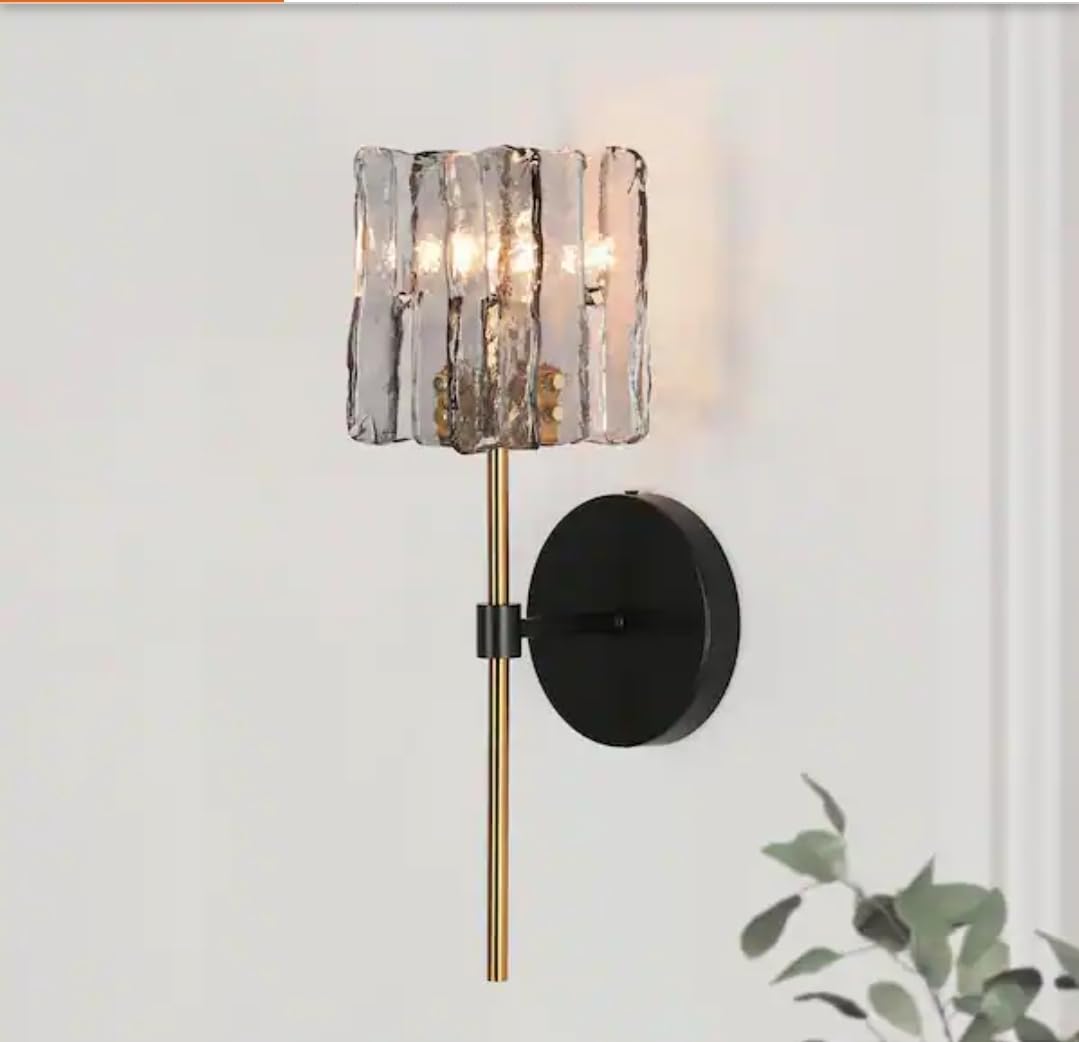 Modern Matte Black Wall Sconce with Gray Textured Glass Shade, Brass Accent