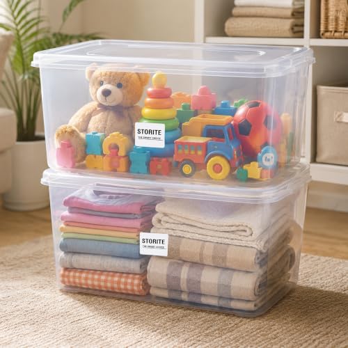 Image of Storite 2 Pcs 45L Plastic Storage Box with Lid-Stackable Organizer Box | Storage Box for Clothes,Kids Toys, Kitchen - Plastic Storage Container Basket for Home, Office, Bathroom(Transparent)
