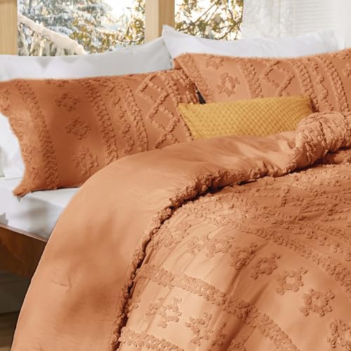 Bedsure Tufted Boho Comforter Set Queen Size - Pumpkin Boho Bed Set, GentleSoft™ 3 Pieces Farmhouse Shabby Chic Embroidery Bedding, Gifts for Woman, Soft Jacquard Queen Comforter for All Seasons