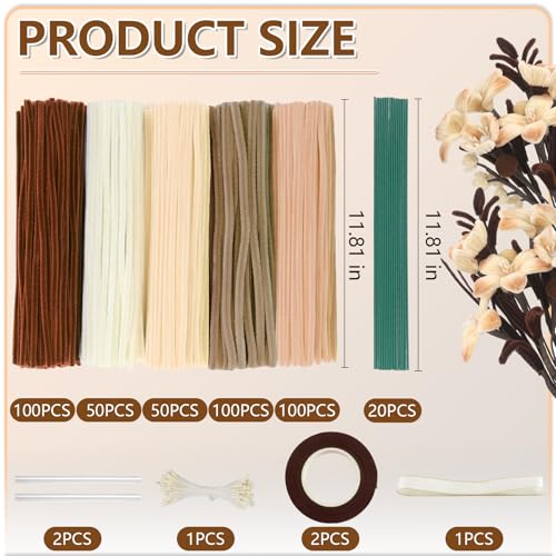 Image of 400 Pcs Pipe Cleaners Craft,5 Assorted Colors Pipe Cleaners Bulk | Chenille Stems for DIY Flower Making Kit with Floral Wires, Gardening Tape,Stamen& Ribbon (Brown)